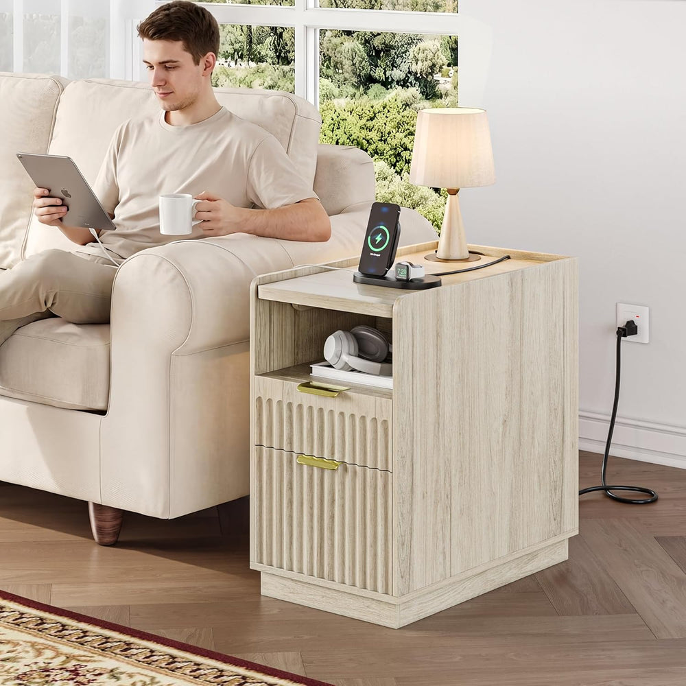 iPormis Fluted End Table Set of 2 with Charging Station, 2 Drawers Narrow Sid...