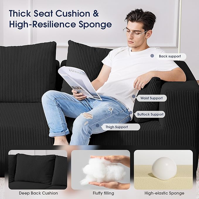 KINGYES Boneless Chaise Lounge Chair for Modular Sectional Sofa, L Shape Corduroy Upholstered Chaise Lounge for Living Room, Black