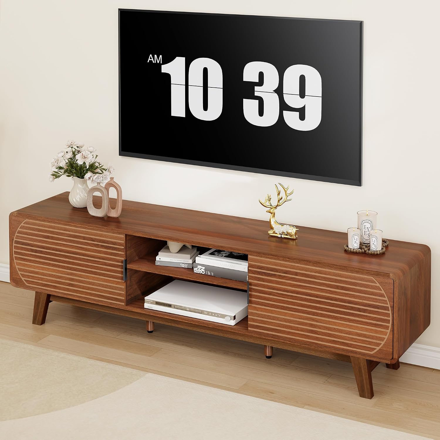 Turtle&Myrtle Mid Century Modern TV Stand with Sliding Doors, TV Consoles, Media Consoles for TV up to 70 Inch, Entertainment Center with Storagefor Living Room, 63 Inch (Walnut)