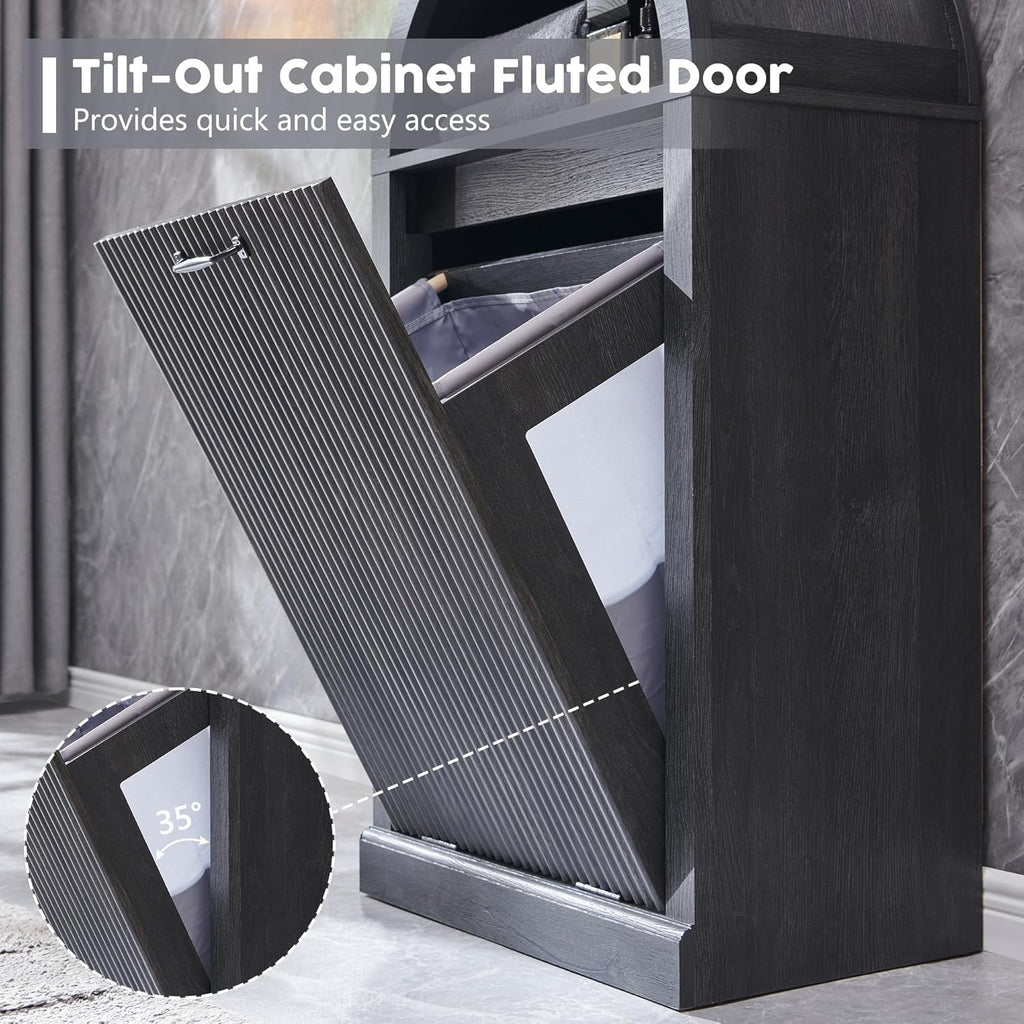 Arched Tilt-Out Trash Can Cabinet, Fluted 10 Gallon Trash Can with Open Shelf, Modern Laundry Hamper Cabinet, Hidden Garbage Can with Storage Basket for Kitchen, Living Room, Dark Grey
