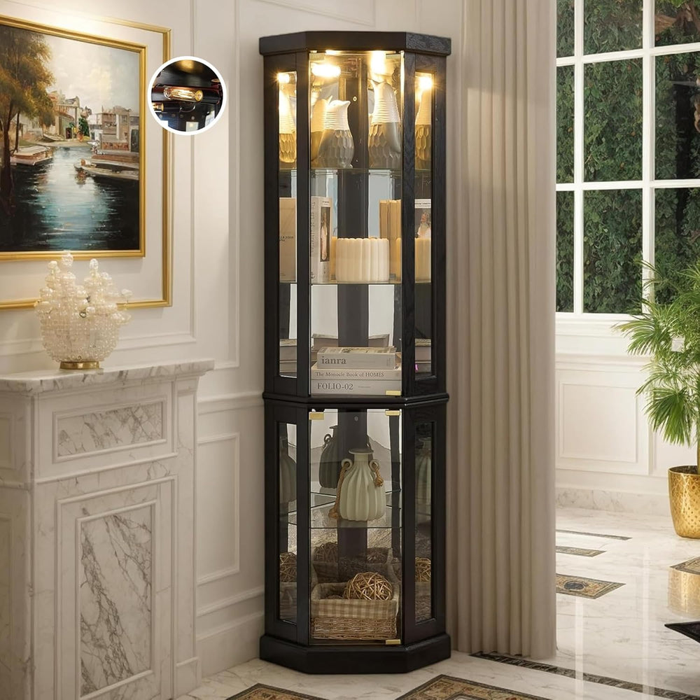 70" Lighted Corner Curio Cabinet, Curved Wood China Display Case with Te...