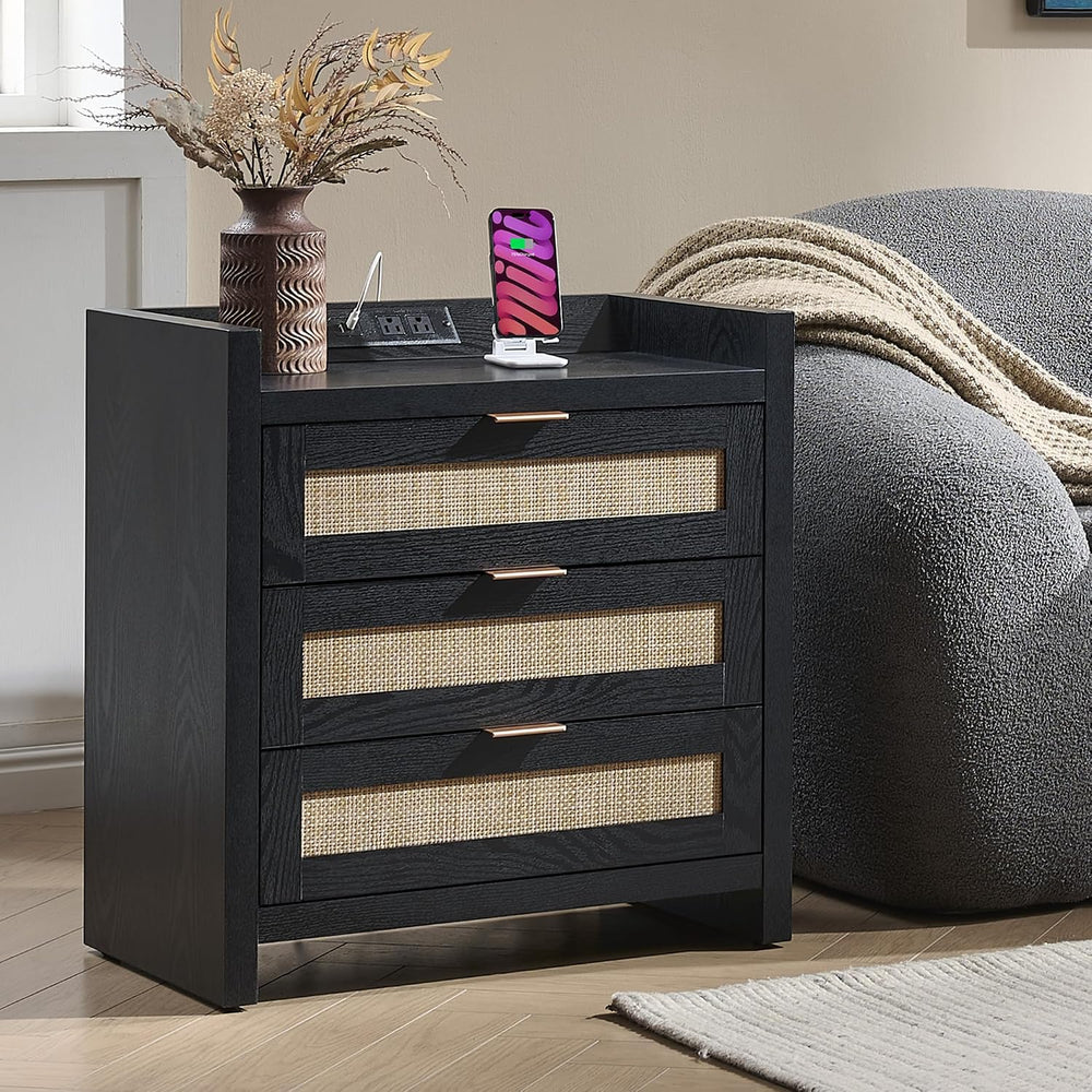 SICOTAS Nightstands Set of 2 : Rattan Tall Bedside Table with 3 Drawers | Far...