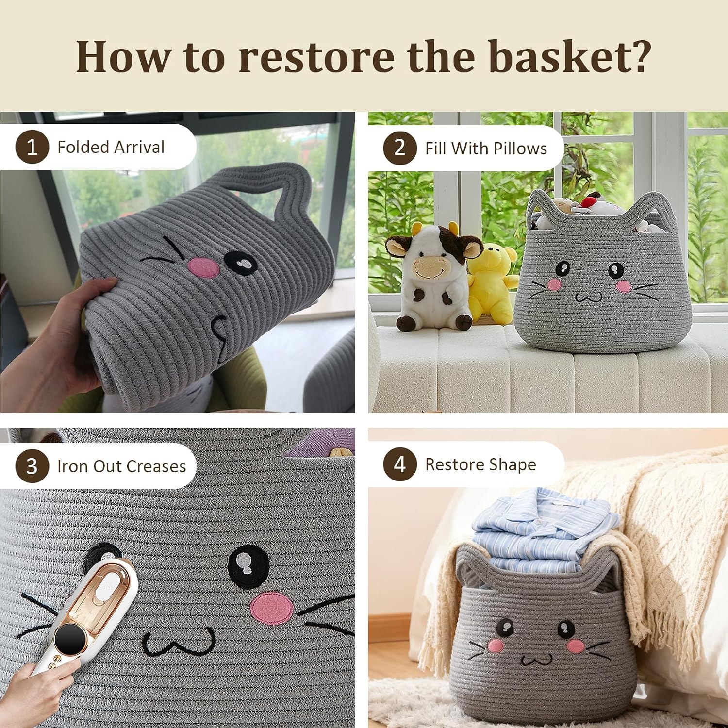 VK VK·LIVING Cat Storage Basket - Large Woven Cotton Rope Toy & Laundry Organizer with Handles for Nursery, Bedroom, Living Room, Holds Blankets, Clothes, Toys (15”D x 14”H)