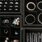 Julysky 4 Pcs/set Stackable Jewelry Organizer Trays for Drawer,100 Slots Ring Tray，Necklace Tray,12 Grid,24 Grid Jewelry Displays for Selling,Black