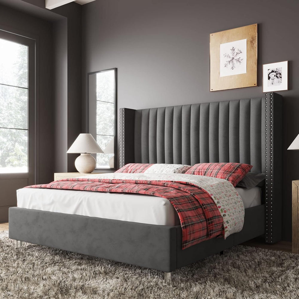 Jocisland King Size Bed Frame Velvet Upholstered Wingback Headboard, Grey