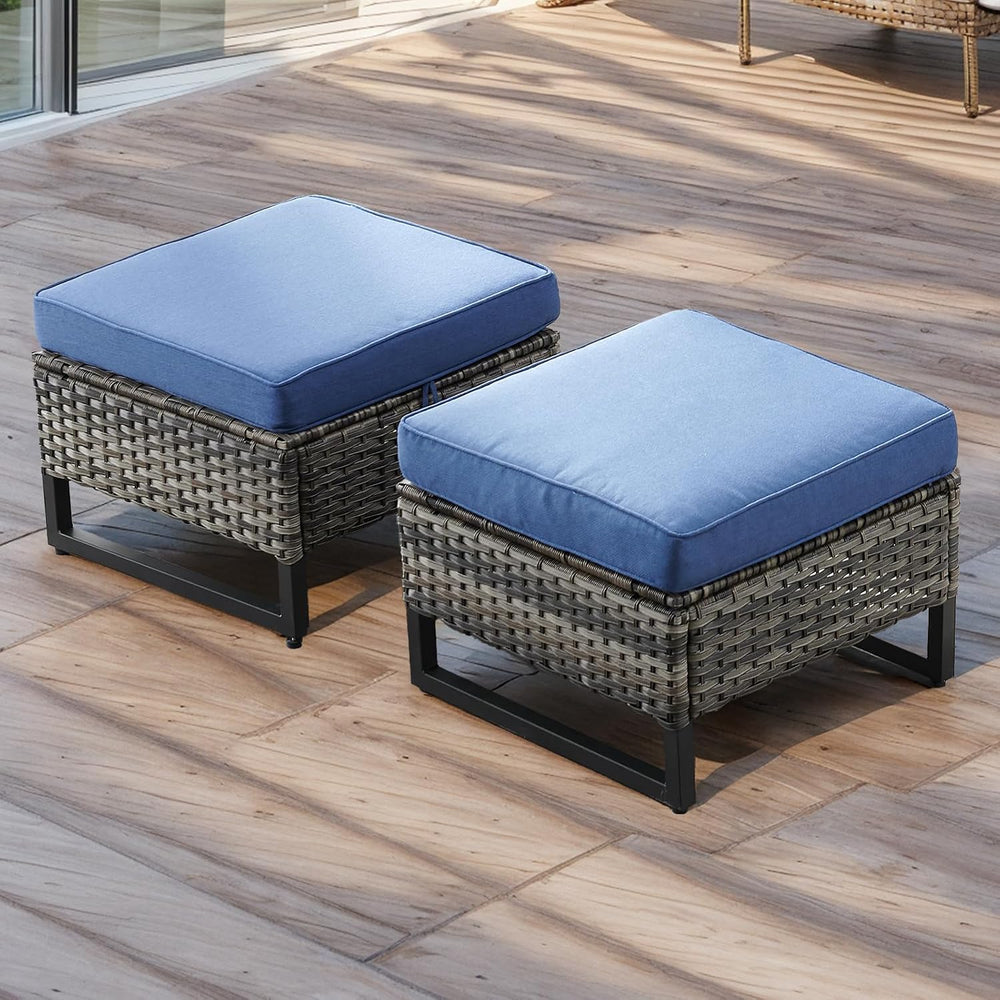 HUMMUH Outdoor Ottomans for Patio Set of 2 PE Wicker Outdoor Footstool with R...