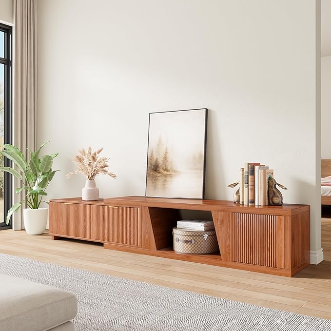 98 Inch TV Stands for Living Room, Wooden Extra Long TV Stand with Adjustable Shelf and Drawers, Flutted Extendable TV Console with Storage Cabinet, Warm Brown Oak (64.57" W-98.43" W)