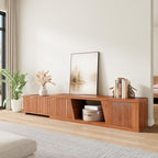 98 Inch TV Stands for Living Room, Wooden Extra Long TV Stand with Adjustable Shelf and Drawers, Flutted Extendable TV Console with Storage Cabinet, Warm Brown Oak (64.57" W-98.43" W)