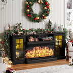 MXV 70'' Fireplace TV Stand, Farmhouse Entertainment Center with 3 Sided Glass TV Stand, Modern Media Console Table with Storage Drawers & Cabinets with LED Flame and Lights for Living Room, Black