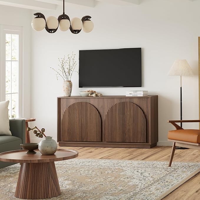 win2win Fluted Sideboard Buffet Cabinet with Storage, 65" Mid Century Modern Accent Cabinet with Double-Layered Arch Doors,Wood Media TV Console Table Credenza for Living Room Hallway Entryway,Walnut
