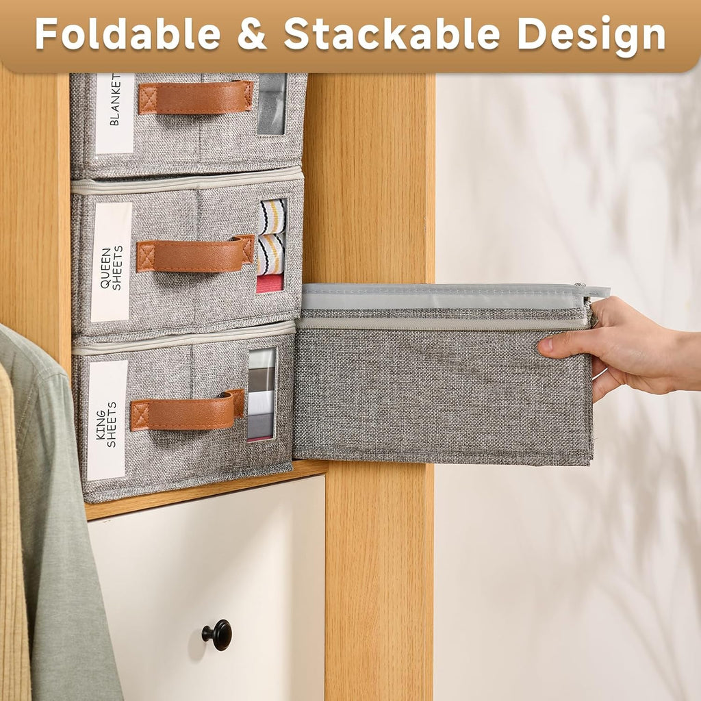 4pack Bed Sheet Organizer, Foldable Linen Closet Organizers and Storage with Sealed Design, Queen & King Size Sheet Storage with Window, Closet Organizer for Bedsheets/Blankets/Clothes, Linen
