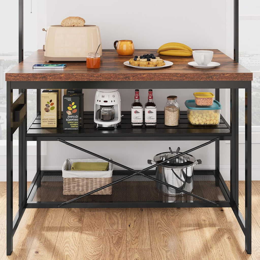 Industrial Kitchen Island with Storage & Power Outlet – 3-Tier Bakers Rack Coffee Bar Station, Heavy Duty Steel Frame, Spacious Prep Table with Shelves & 5 Hooks for Small Spaces, Dining, Living Room