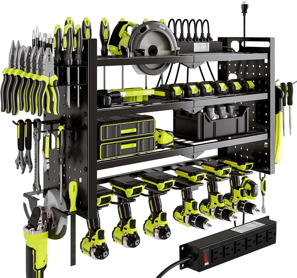 Power Tool Organizer Wall Mount with Charging Station 4 Layer 6 Slot Cordless Drill Holder with Angle Grinder Holder (Black)