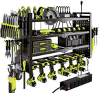 Power Tool Organizer Wall Mount with Charging Station 4 Layer 6 Slot Cordless Drill Holder with Angle Grinder Holder (Black)