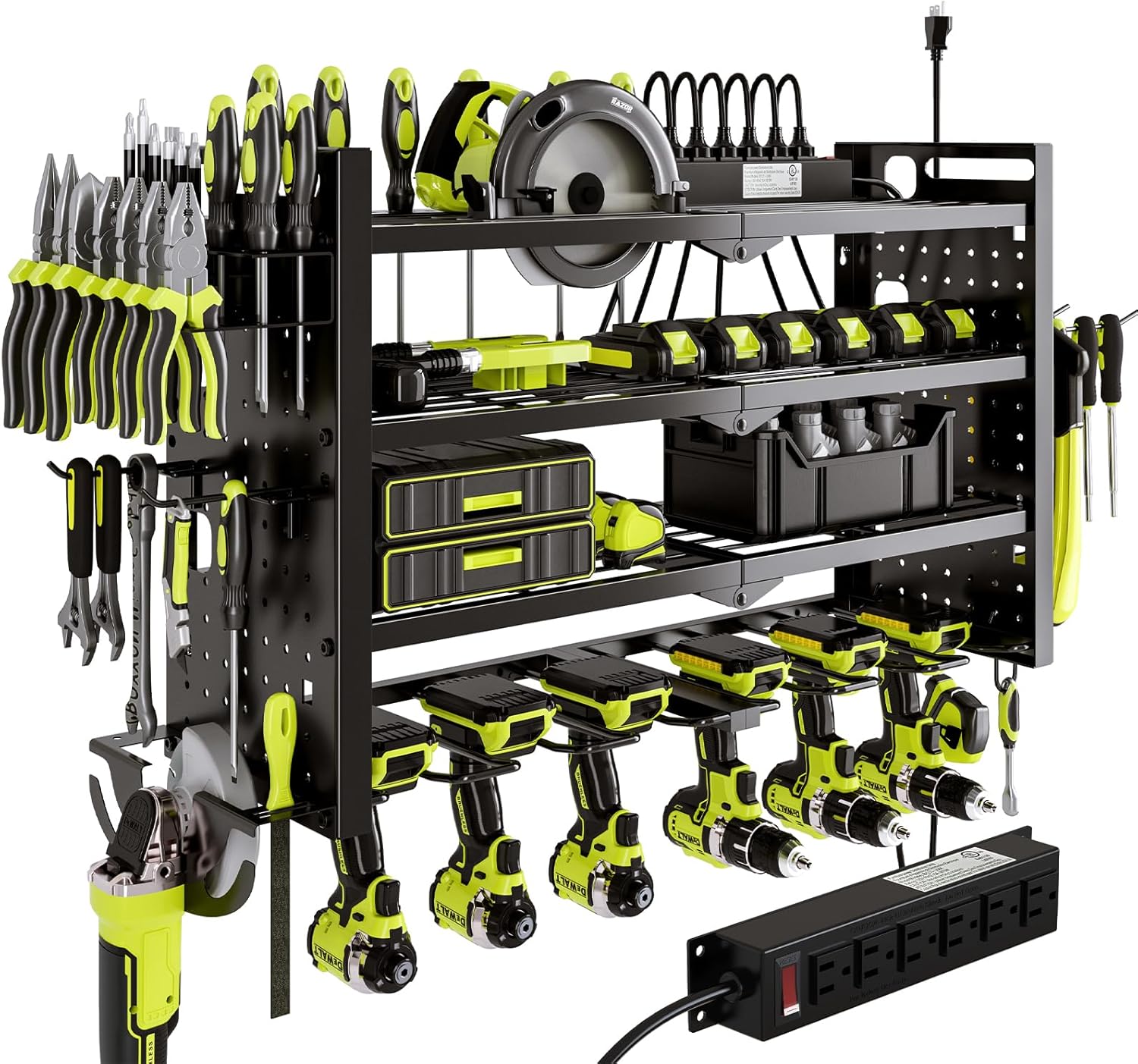 Power Tool Organizer Wall Mount with Charging Station 4 Layer 6 Slot Cordless Drill Holder with Angle Grinder Holder (Black)
