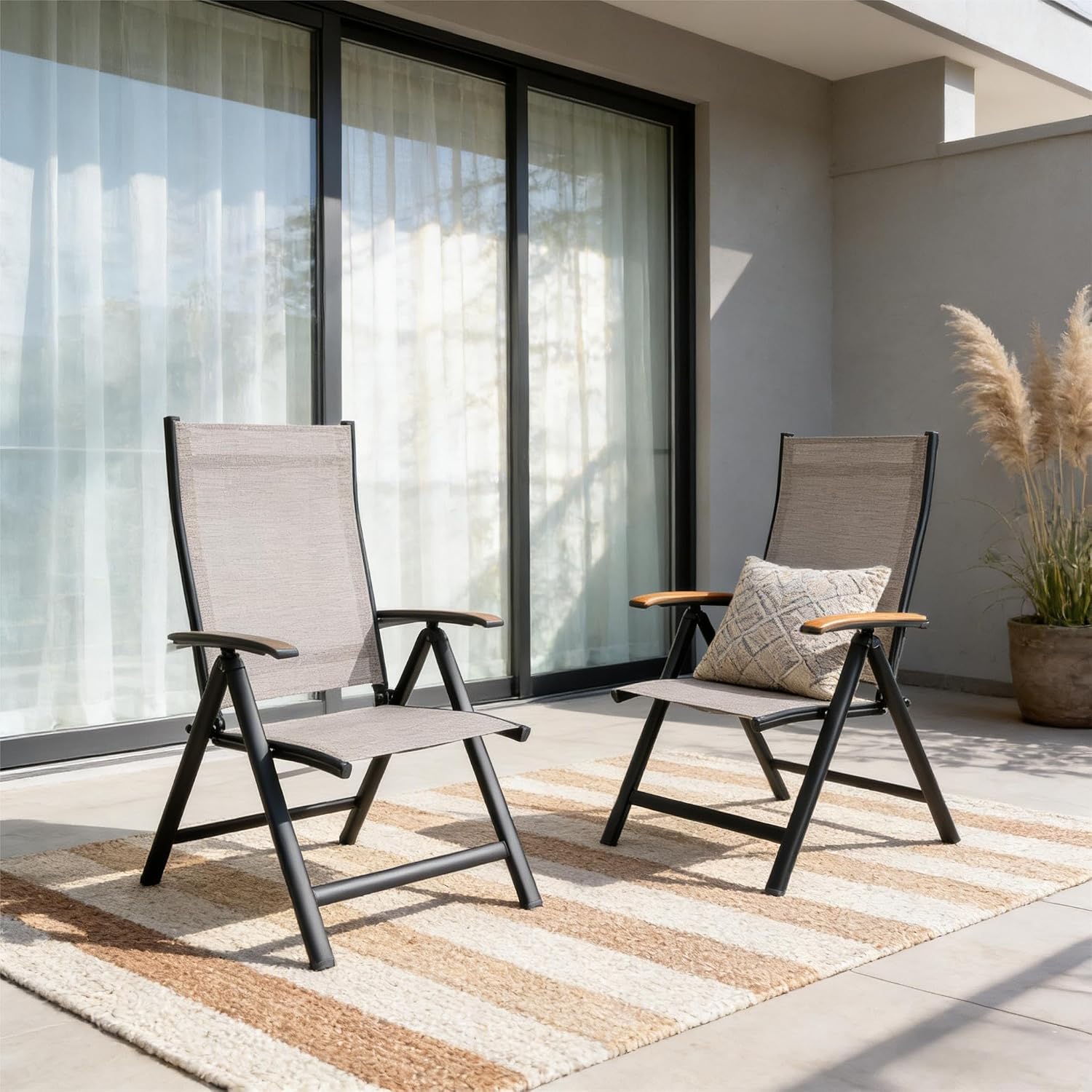 Folding Patio Chairs Set of 2, Aluminum High Back Outdoor Recliners | Outdoor Folding Chairs with Aluminum Frame & High Back, Patio Recliners with Teak Armrests, No Assembly Required, Adjustable