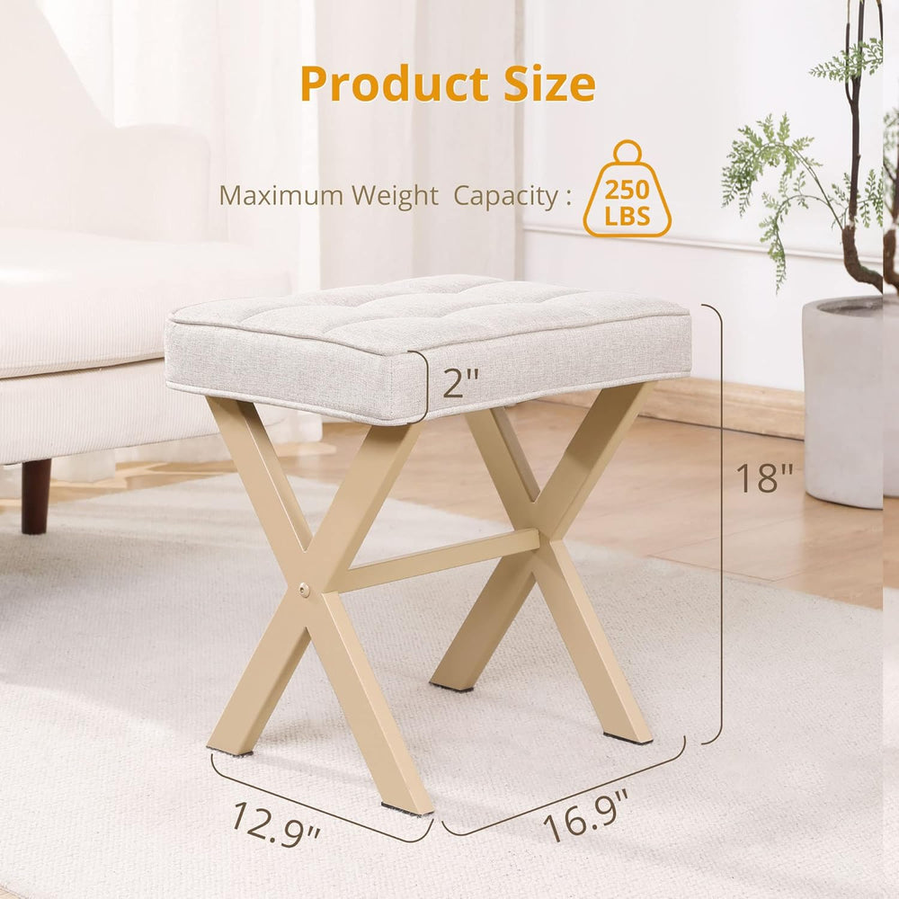 LUE BONA Square Linen Makeup Stool, Metal X Legs, Small Ottoman Stool Chair f...