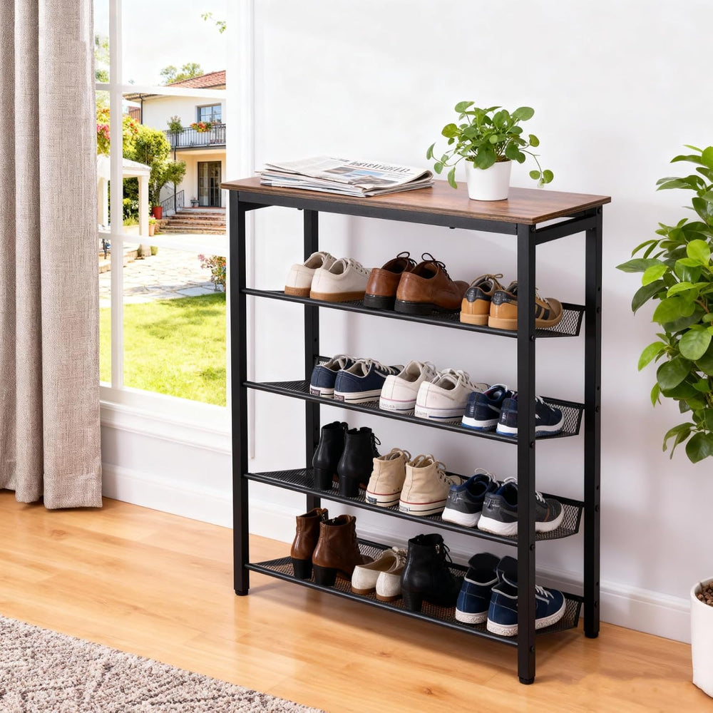 5-Tier Shoe Rack, Tall Industrial Shoe Organizer with Metal Mesh Shelves, Fre...