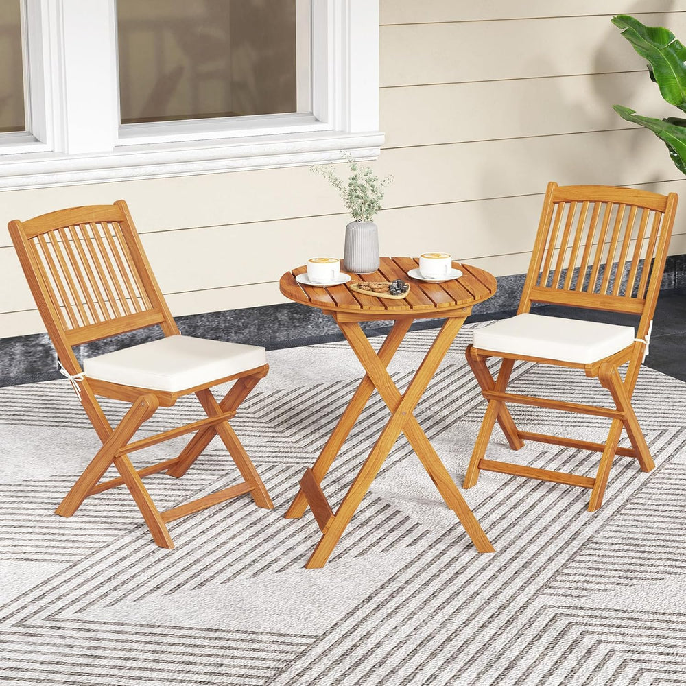 HAPPYGRILL Outdoor Folding Chairs Set of 2, Acacia Wood High-Back Chair w/Sea...