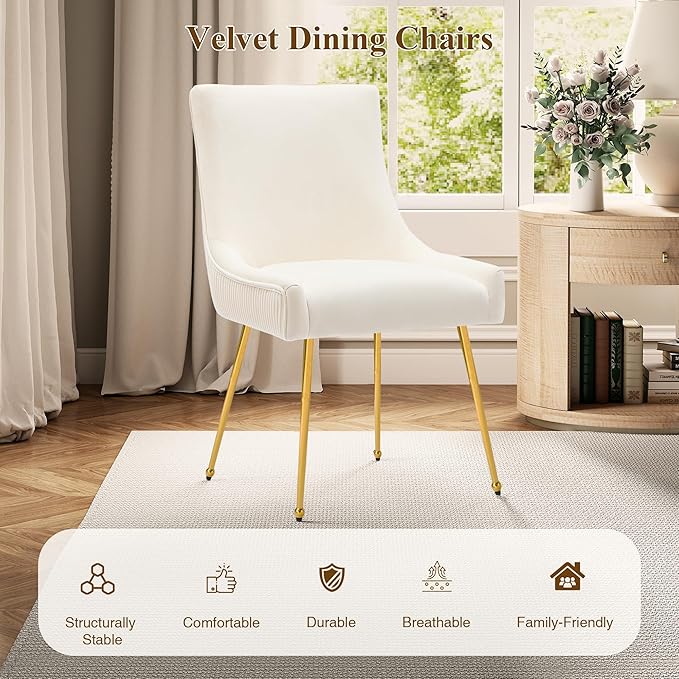 Velvet Dining Chairs Set of 4, Modern Upholstered Kitchen Chair with Pull Handle & Pleated Back, Mid Century Accent Chair with Gold Metal Legs for Vanity,Dining,Kitchen,Living Room, Beige