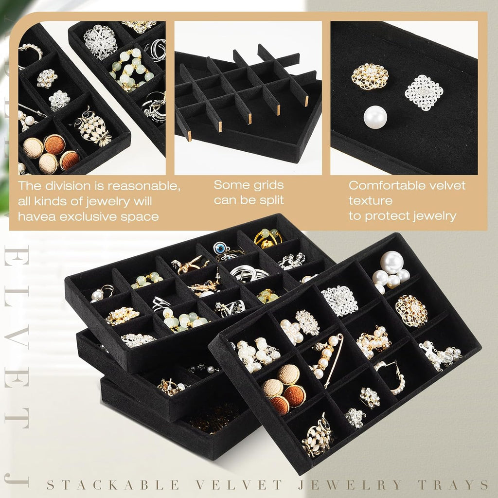 Junkin 12 Pcs Jewelry Tray Velvet Stackable Jewelry Organizer Trays Divided Earring Accessories Storage Containers Box (Rose Red)