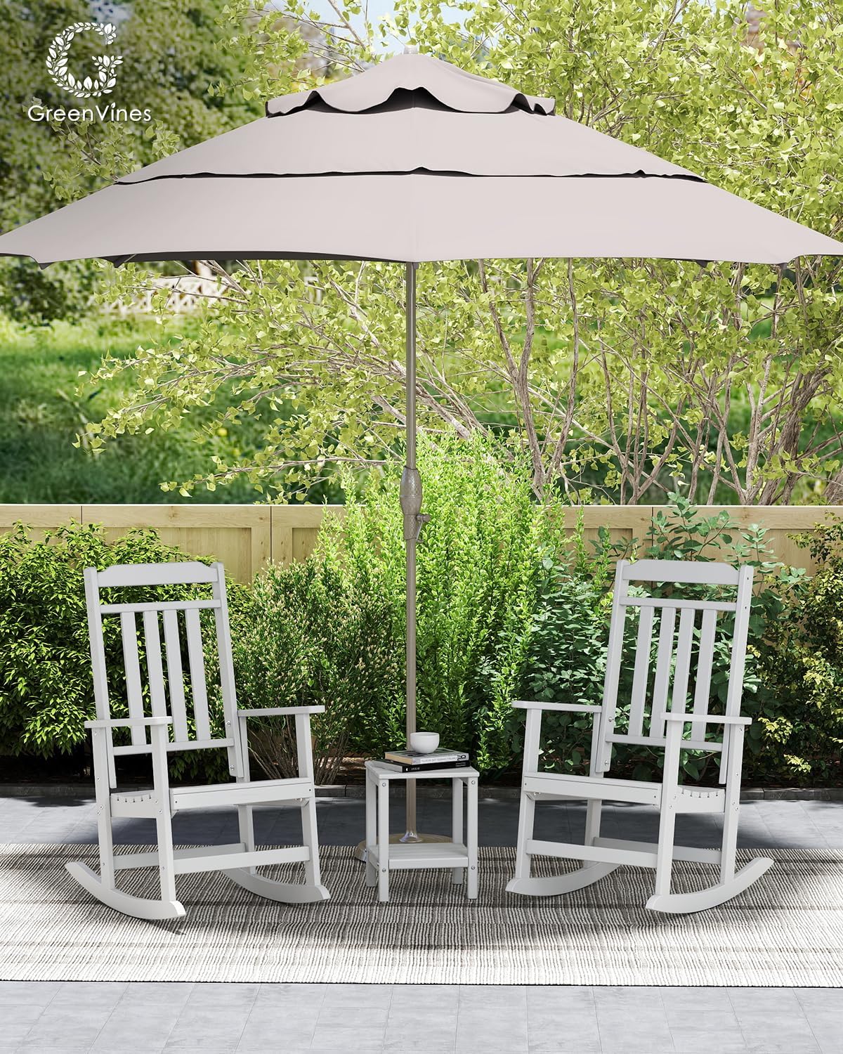 GREENVINES Classic Outdoor-Rocking-Chairs-Set-of-2, HDPE Rocker, White | 30.3" High Back | All Weather Porch Chairs Plastic | Heavy Duty | 20.5" Wide Seat | Big & Tall | for Patio Balcony Deck
