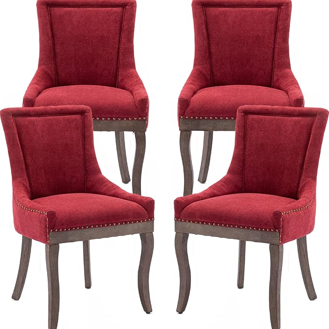 Burgundy Dining Chairs Set of 4, Kitchen & Dining Room Chairs, Fabric Upholstered Dinning Chairs, Sillas De Comedor, Nailhead Trim, Wood Legs (Red, 4 Pcs)