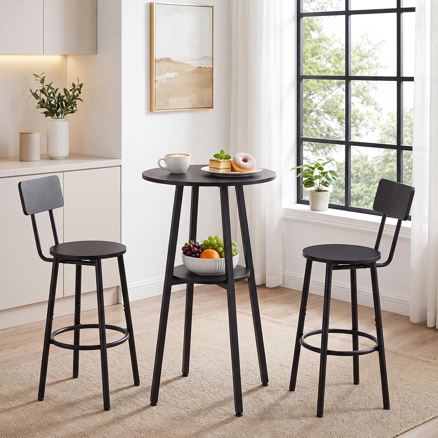 HOOBRO 3 Pieces Round Bar Height Table and Chairs Set, Round Dining Table Set, Pub Table and Chairs for Small Space, 2 Tier Kitchen Table and Bar Stools with Back, Black BB35BT01