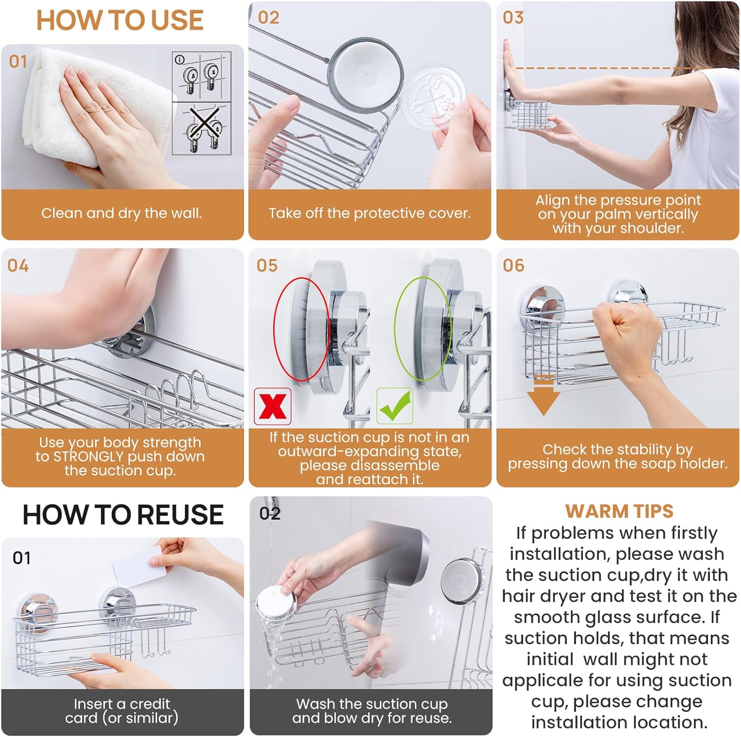 LEVERLOC Shower Caddy Suction Cup, Shelves for Inside with Hooks & Soap Holder Toothbrush Holder, NO-Drilling Bathroom Organizer, Rustproof Holder Storage, Silver