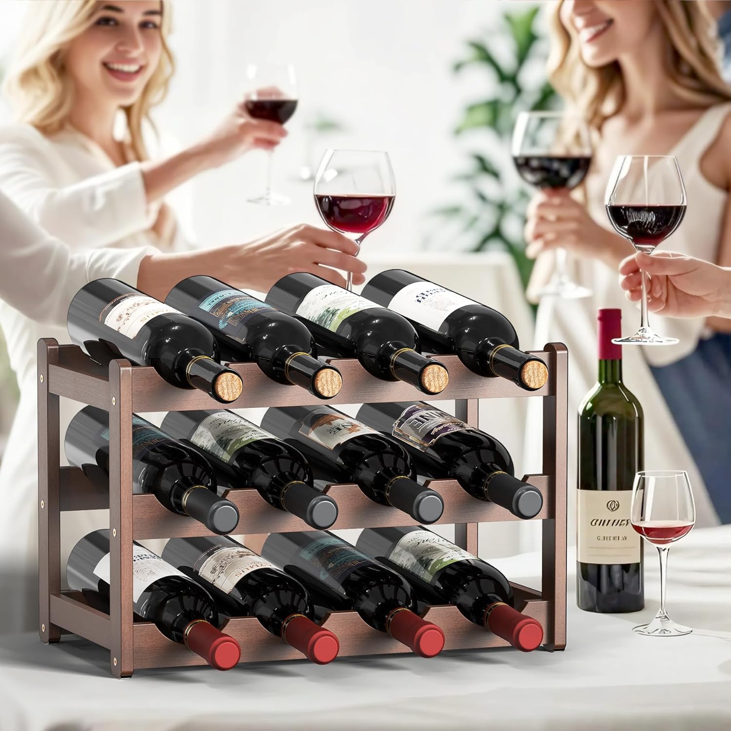 Wine Rack,Bamboo Wine Racks Countertop,Sturdy Wine Rack for Inside Cabinet &Freestanding Floor, 3-Tier 12 Bottles Racks for Kitchen,Cabinets,Home Bar,Wine Storage Racks(3-Tiers)