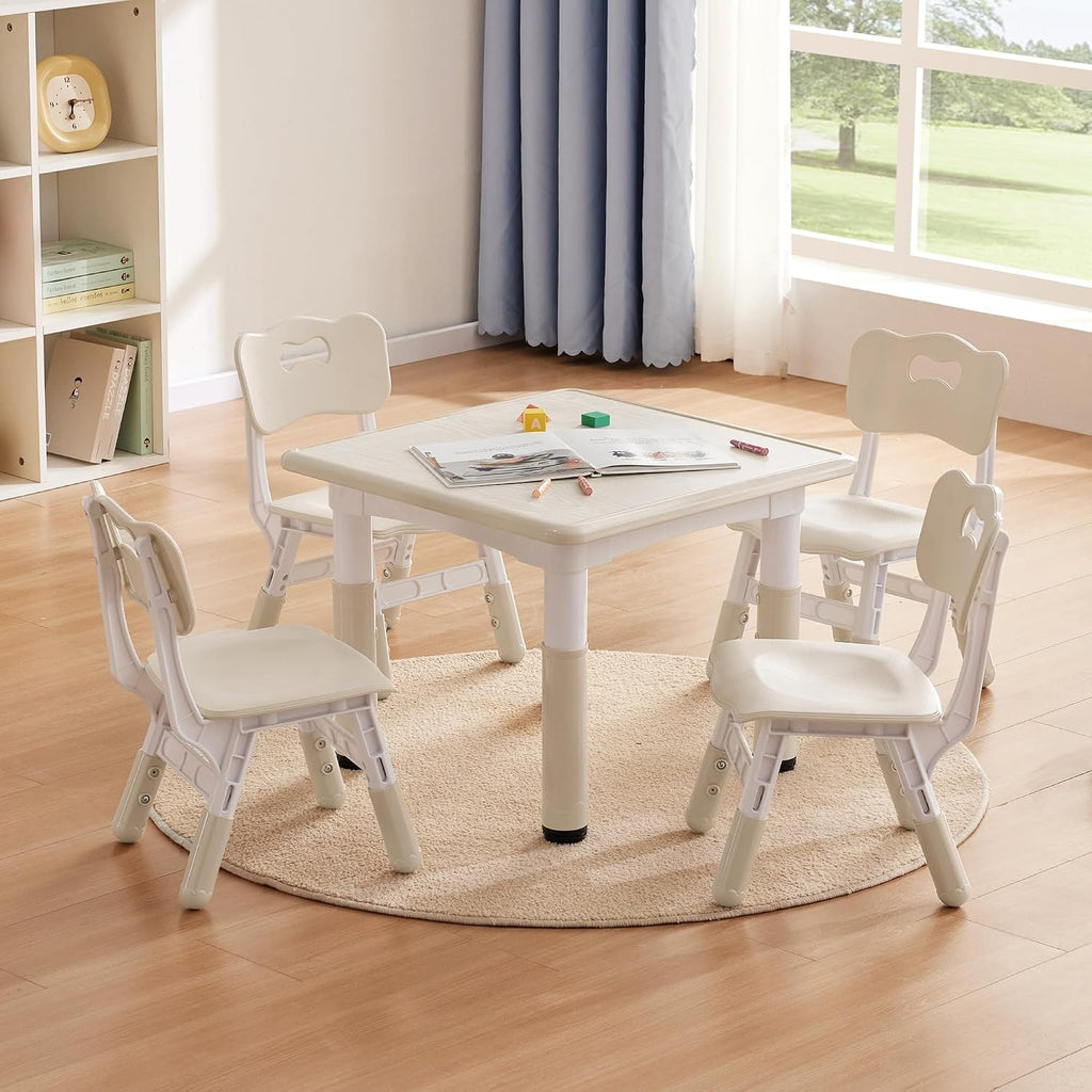 GITAWUSA Kids Study Table and Chairs Set, Height Adjustable Toddler Table and Chair Set for Kids Ages 3-8, 23.6" L x 23.6" W Graffiti Desktop Plastic Children Art Table with 4 Seats, Burlywood