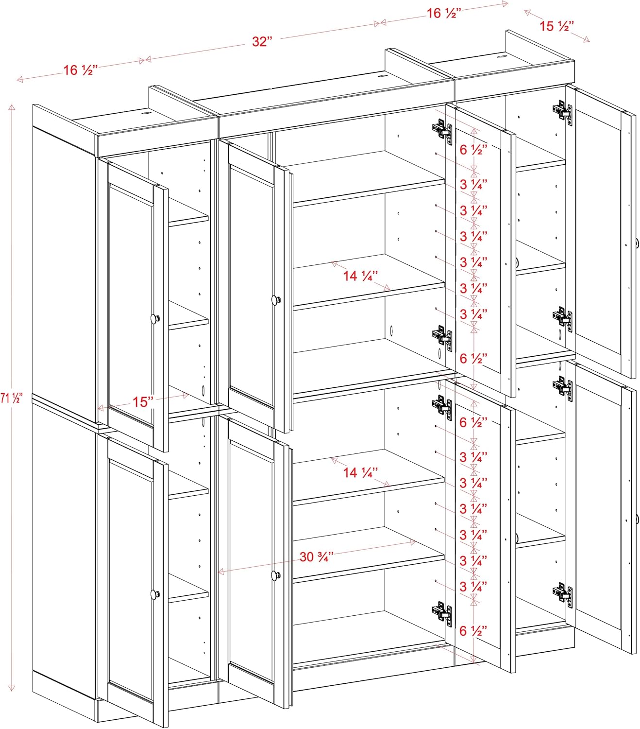 Palace Imports Solid Wood Pantry Cabinet - 71.5" Tall x 65" W - Wood Storage Cabinet w/ 8 Shaker Wooden Doors, 12 Adjustable Shelves - Kitchen Cupboard - Green, 100% Eco-Friendly Pine, Made in Brazil