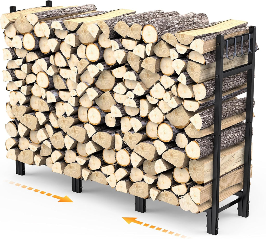 Firewood Rack Outdoor, 44.7" x 9.8" x 31.5", Black | Adjustable Wood Holder, 4 Hooks, Heavy Duty Log Rack, Indoor/Outdoor Firewood Storage