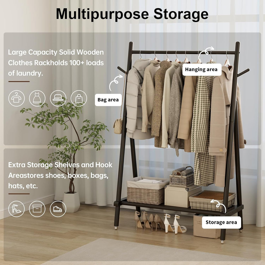 Solid Wood Clothing Rack, Rolling Clothes Rack for Hanging Clothes, Garment Rack with Shelves Load 350 Lbs, Portable Closet Organizer on Wheels for Hanging Clothes (Black)