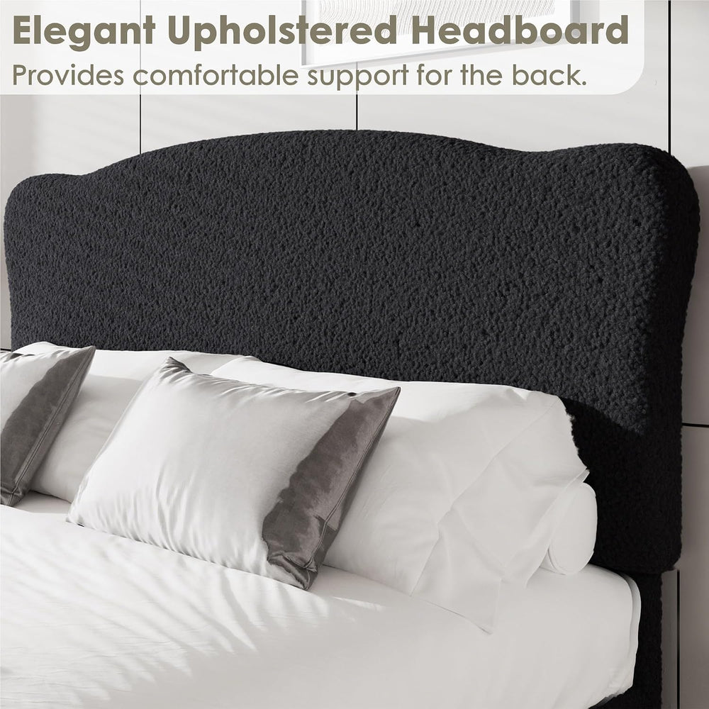 Garvee Bouclé Queen Size Bed Frame with Upholstered Headboard, Black
