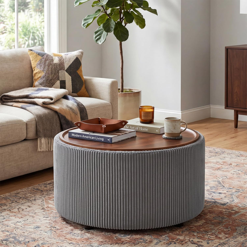 Homebeez 28” Round Storage Ottoman,Ottoman Coffee Table with Tray,Corduroy | Modern Ottomans with Storage with Anti-Slip Rubber Feet for Living Room, Bedroom, Apartment, Gray