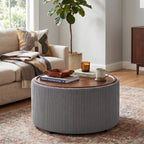 Homebeez 28” Round Storage Ottoman,Ottoman Coffee Table with Tray,Corduroy | Modern Ottomans with Storage with Anti-Slip Rubber Feet for Living Room, Bedroom, Apartment, Gray