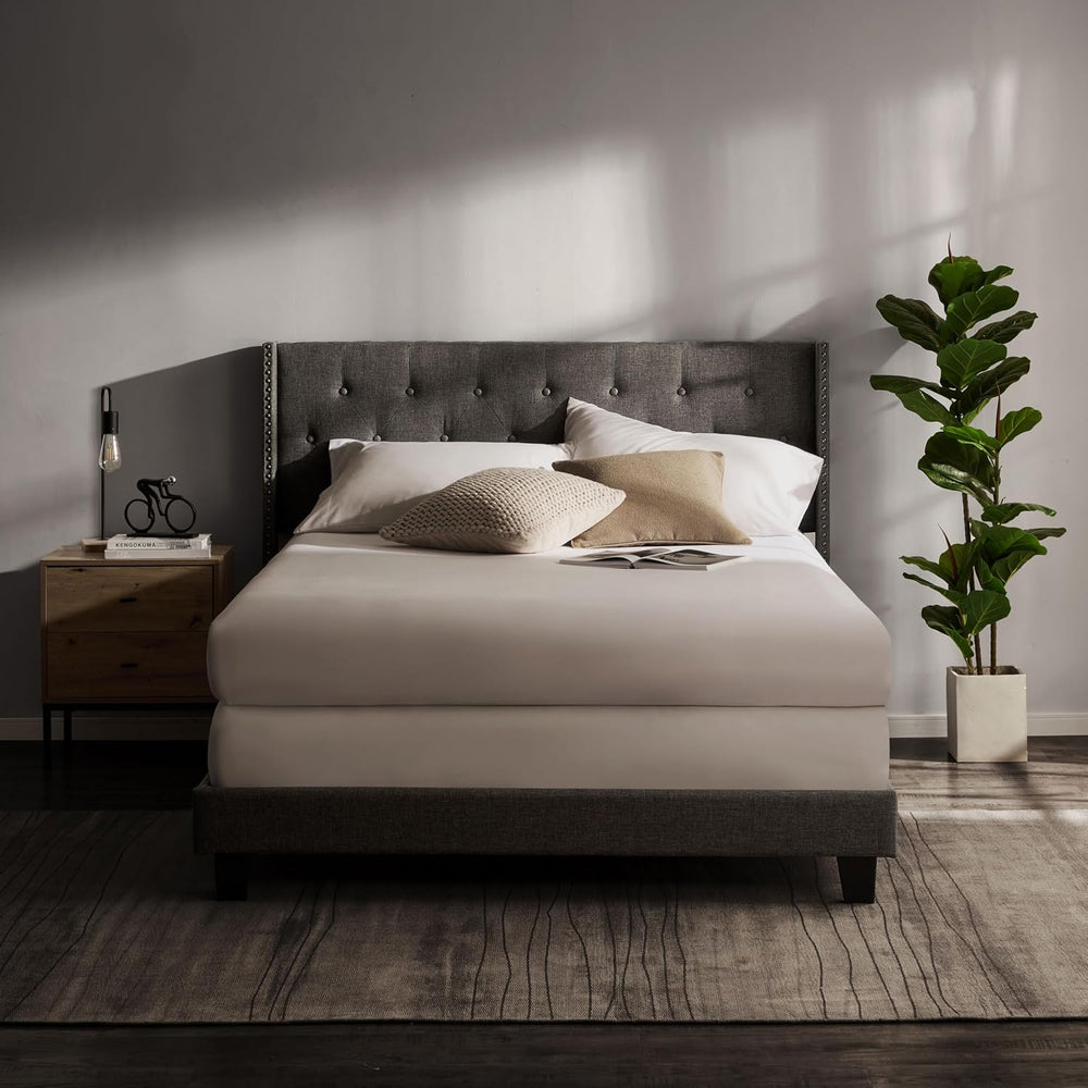 Hearth & Harbor Queen Bed Frame with Headboard Wingback – Linen Platform ...