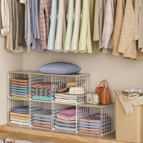 4 Pack Closet Organizers and Storage with Wood Top, Stackable Closet Shelf Organizer, Double Storage Design, Clothes Storage Basket/Cube Organizer for Wardrobe, Sturdy, White (Patent Pending) ﻿