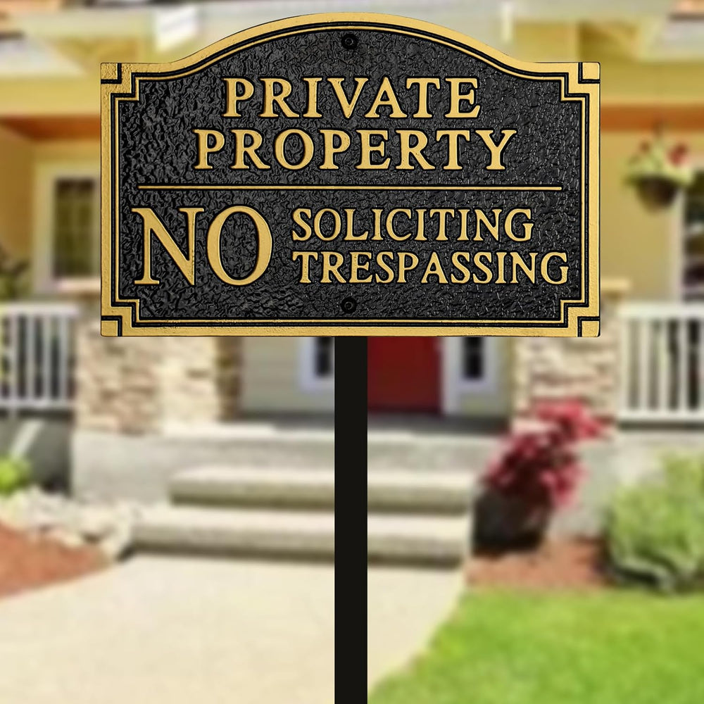 Private Property No Soliciting No Trespassing Cast Metal Yard Sign