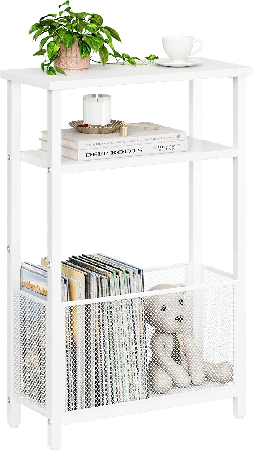 MMEOLUOOK Narrow Side Table with Storage Basket Skinny End Tables for Smalls Spaces 3 Tier Sofa Table Small Nightstand Slim Bedside Table for Living Room Bedroom White MLBZ22W