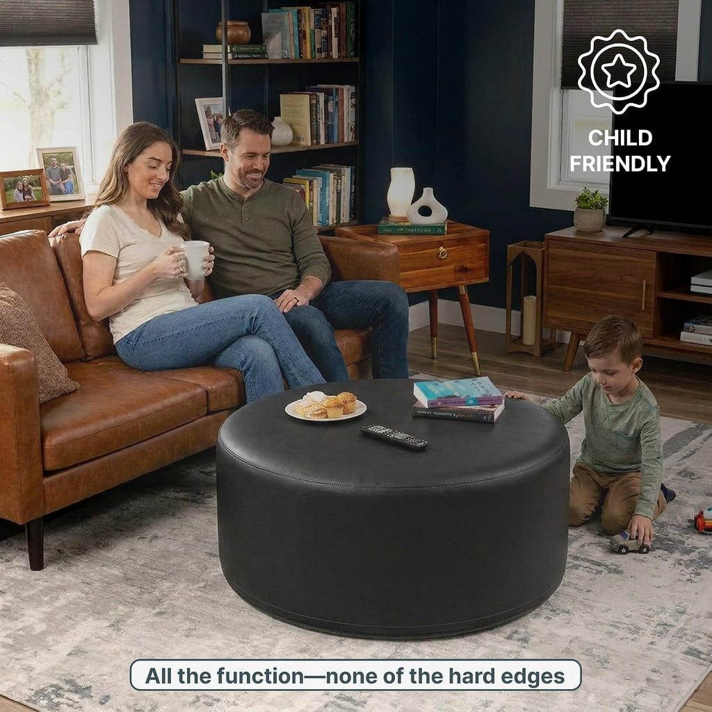 Jaxx Candler Round Couch Ottoman – Oversized Giant Coffee Table Ottoman - Versatile Firm Foam Construction - Kid Safe with Removable Cover, 36”, Premium Faux Leather, Crimson