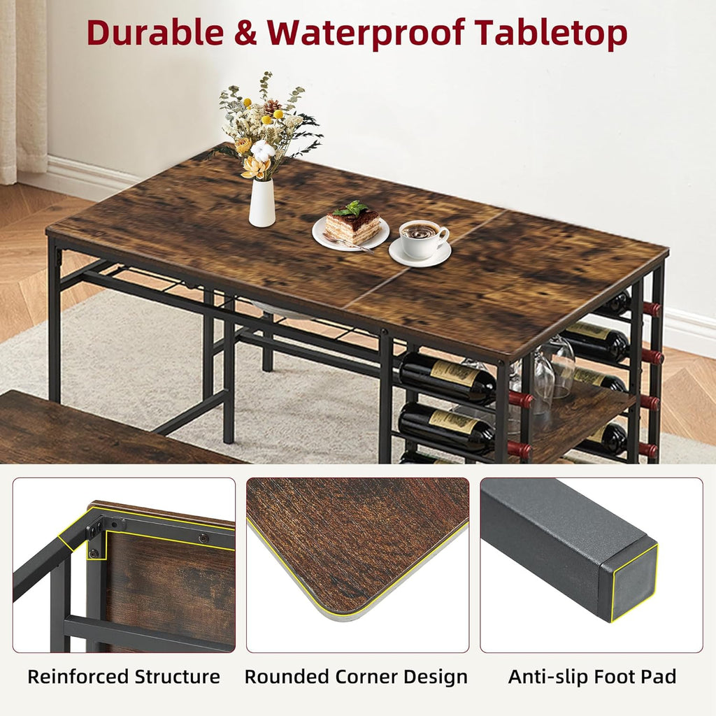 Garvee Dining Table Set for 4, Kitchen Table Set for 4 with 2 Benches, 3 Piece Dining Room Table Set for Small Space Apartment, Retro Brown