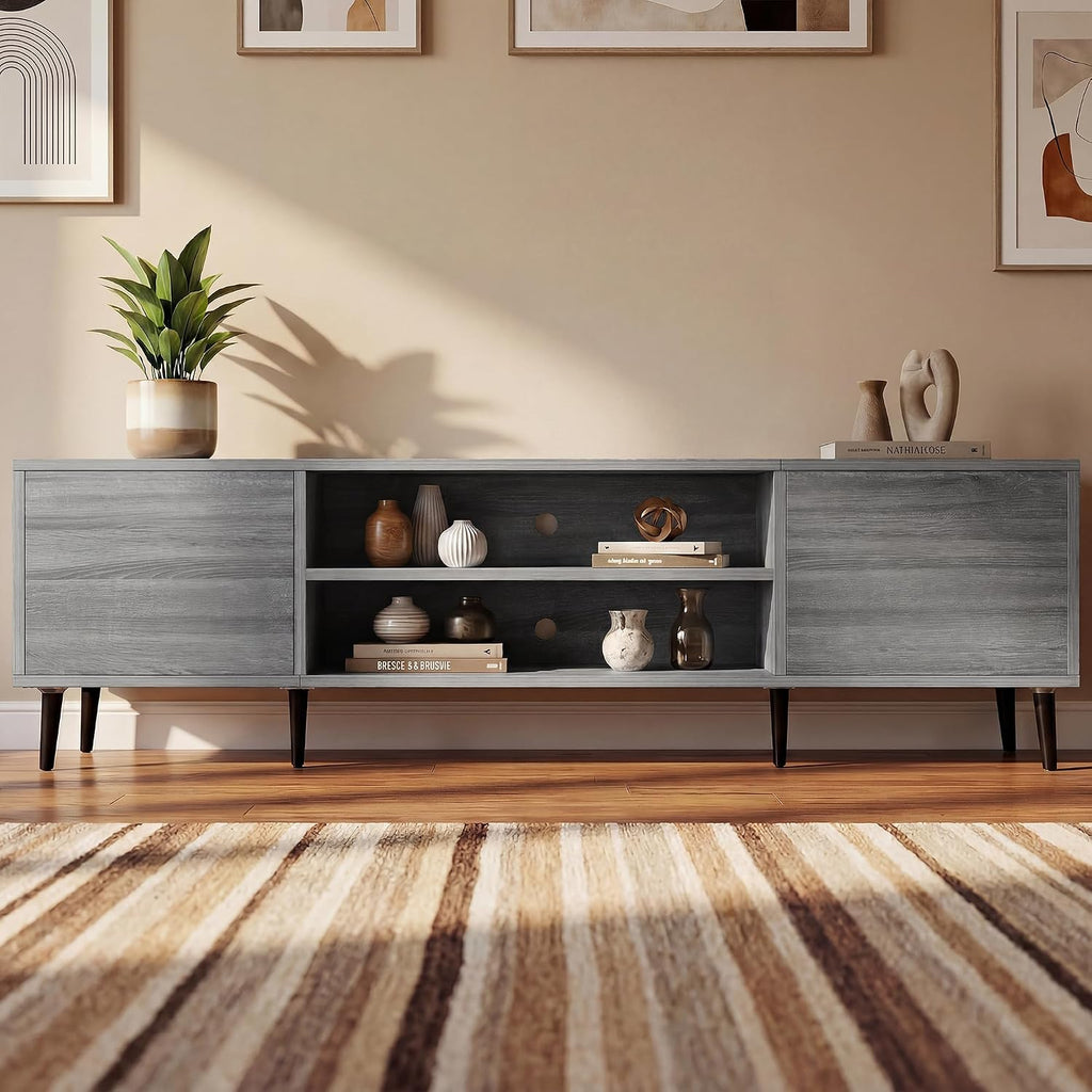 JUMMICO Mid-Century Modern TV Stand for 65-70 Inch TVs, 63 Inch Media Console with Storage, Entertainment Center with Push-Open Cabinets and Cable Management for Living Room (Grey, 63 Inches)