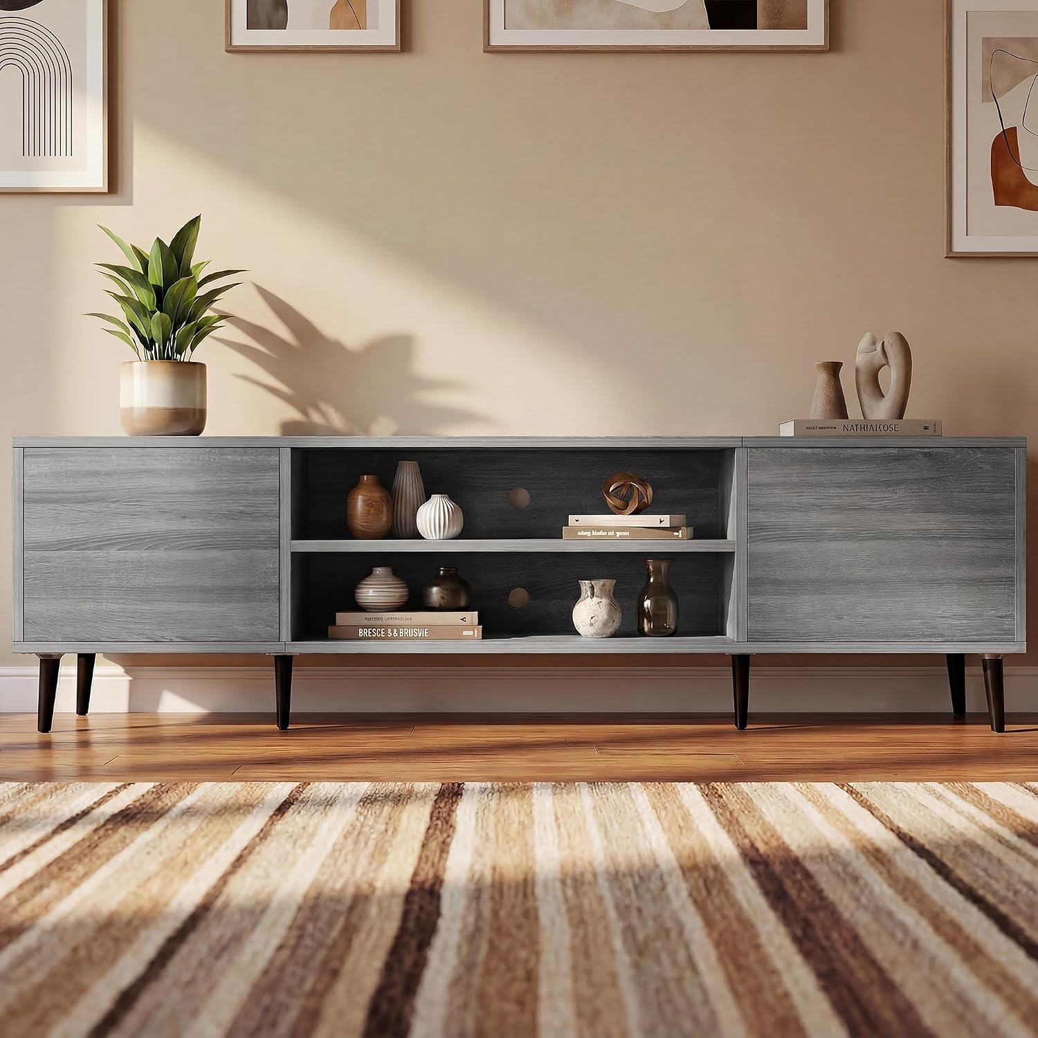 JUMMICO Mid-Century Modern TV Stand for 65-70 Inch TVs, 63 Inch Media Console with Storage, Entertainment Center with Push-Open Cabinets and Cable Management for Living Room (Grey, 63 Inches)