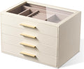 pickpiff Jewelry Box Organizer Case for Women: 4-Layer Jewelry Storage Case with Glass Window, Ivory Leather with Pink Velvet, Holder for Ring Necklace Bracelet Brooch Watch, Great Gift for Her