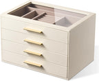 pickpiff Jewelry Box Organizer Case for Women: 4-Layer Jewelry Storage Case with Glass Window, Ivory Leather with Pink Velvet, Holder for Ring Necklace Bracelet Brooch Watch, Great Gift for Her