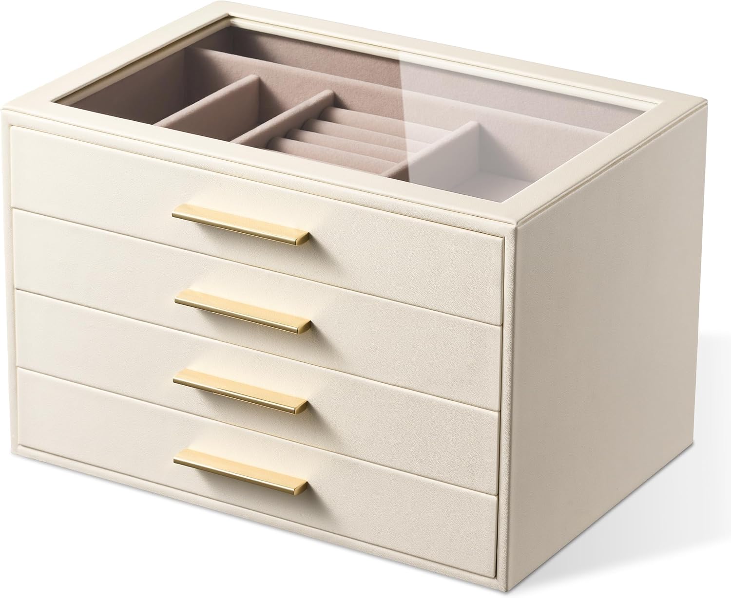 pickpiff Jewelry Box Organizer Case for Women: 4-Layer Jewelry Storage Case with Glass Window, Ivory Leather with Pink Velvet, Holder for Ring Necklace Bracelet Brooch Watch, Great Gift for Her