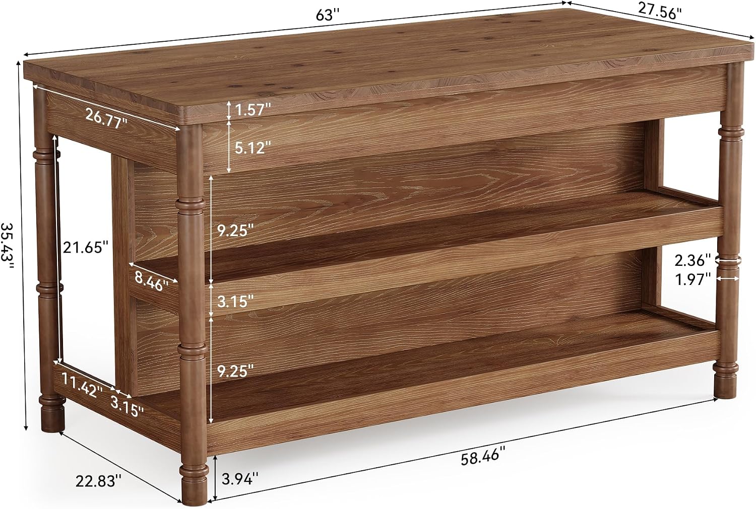63" Solid Wood Kitchen Island Table with Storage & Seating | Three-Tier Storage, Full-Length Open Shelves, Counter Stool Compatible, Elegant Turned Legs, Farmhouse Style