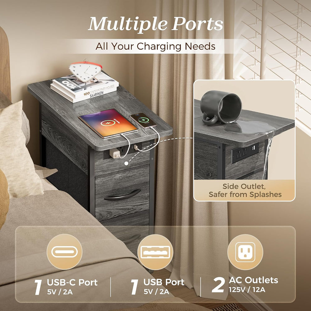 Huuger Narrow End Table with Charging Station, Flip Top Side Table with 2 Fab...